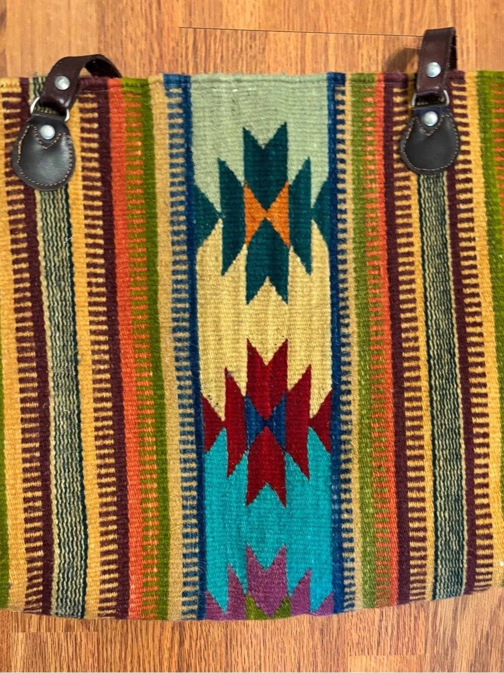 Boho Striped Woven Tote Bag with Leather Straps - Multicolor - Picture 2 of 8